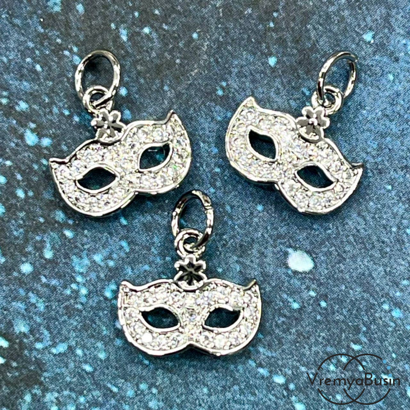 Подвеска с фианитами "Маска", 8х15 мм, латунь с родиевым покрытием (1 шт.)