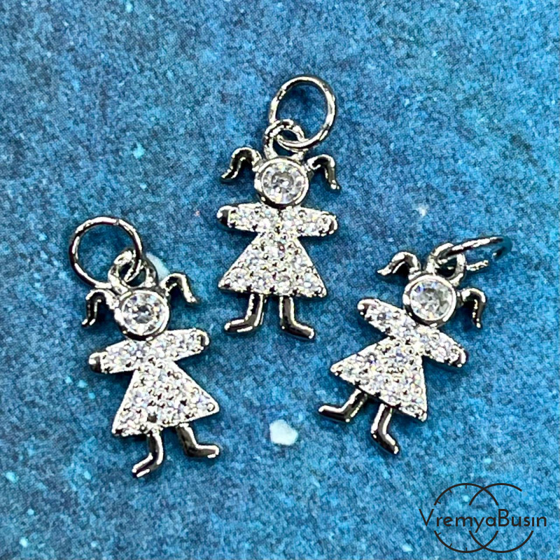 Подвеска с фианитами "Девочка", 8х14 мм, латунь с родиевым покрытием (1 шт.)