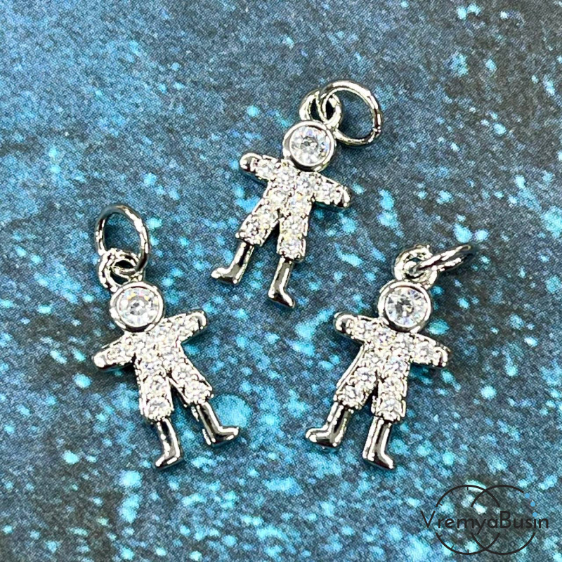 Подвеска с фианитами "Мальчик", 8х15 мм, латунь с родиевым покрытием (1 шт.)