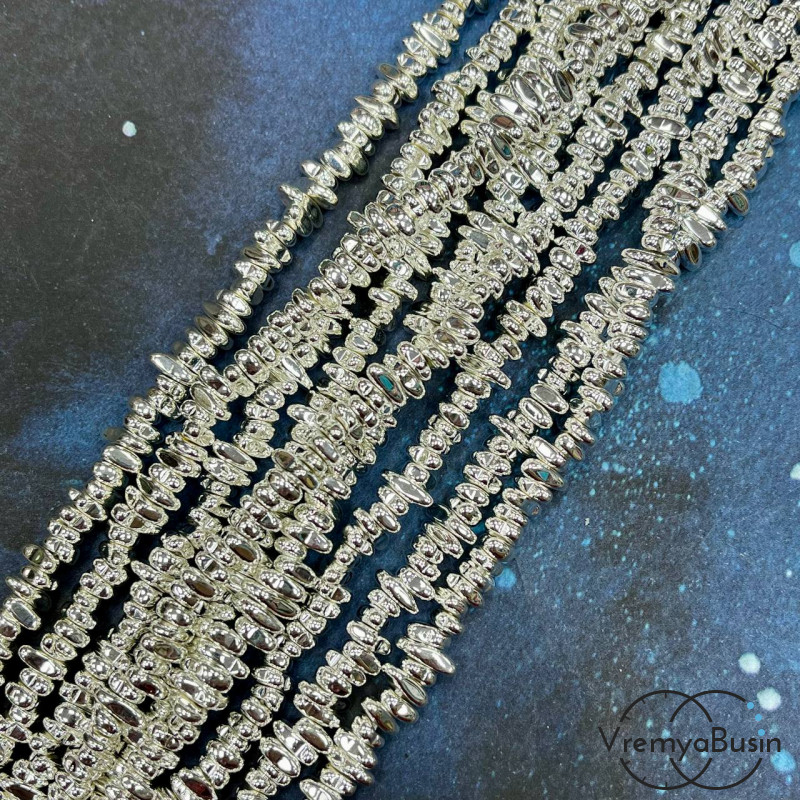 Гематит, галтовка овальная ок. 6-8х3 мм, цв.  светлое серебро (нить, ок. 150 шт.)