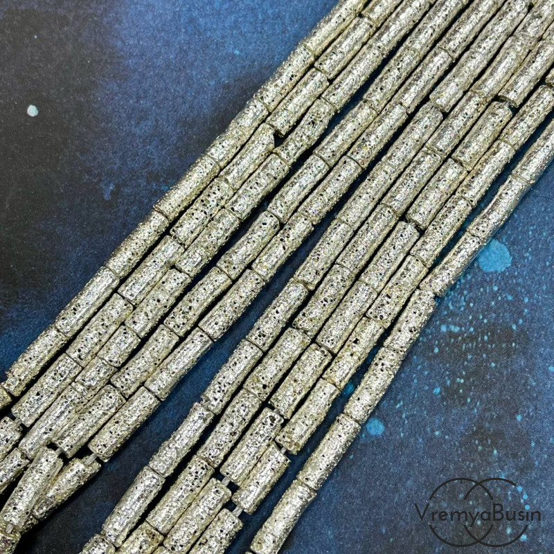 Гематит с имит. лавы, трубочка гладкая ок. 4х14 мм, цв.  яркое серебро (нить, ок. 28 шт.)