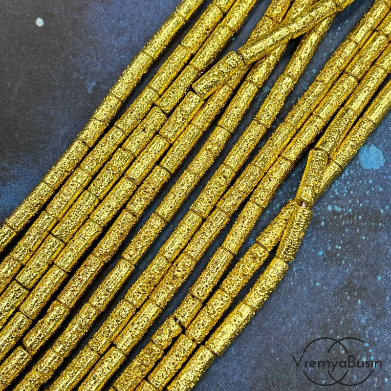 Гематит с имит. лавы, трубочка гладкая ок. 4х14 мм, цв.  яркое золото (нить, ок. 28 шт.)
