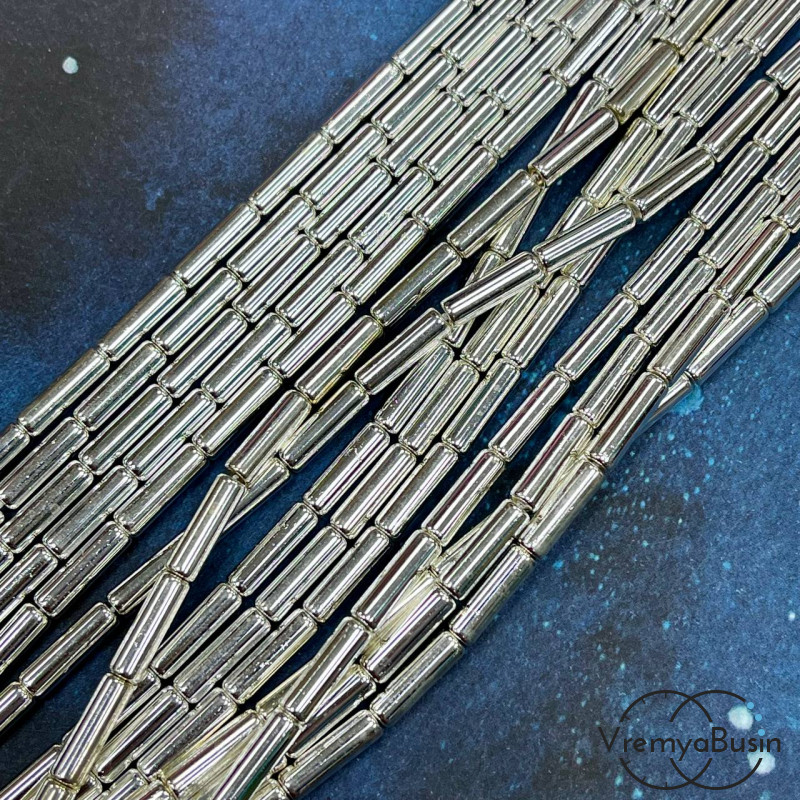 Гематит, трубочка гладкая ок. 4х14 мм, цв. яркое серебро  (нить, ок. 28 шт.)