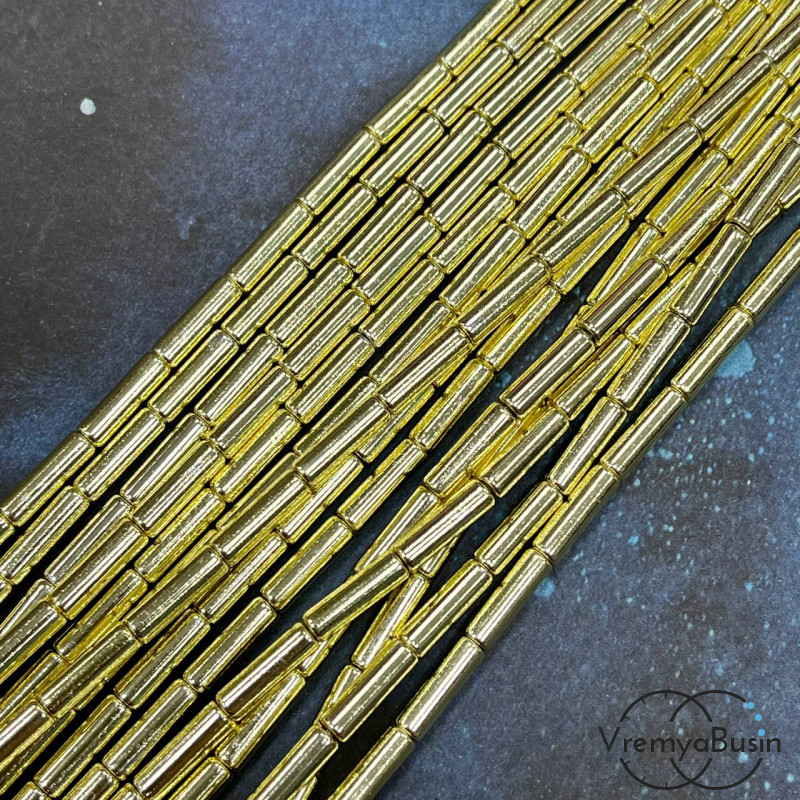 Гематит, трубочка гладкая ок. 4х14 мм, цв. яркое золото  (нить, ок. 28 шт.)