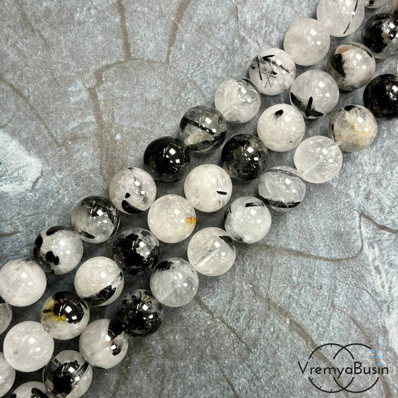 Рутиловый кварц - серый волосатик, шарик гладкий 10 мм (1/2 нити, 19 шт.)