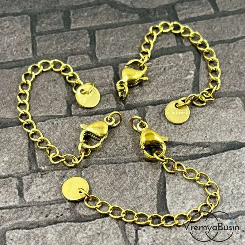 Карабин из нержавеющей стали, 10х5 мм, с цепочкой, цв. золото (1 шт.)