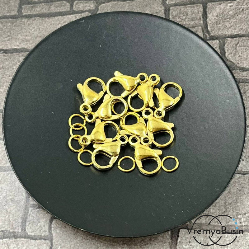 Карабин из нержавеющей стали, 13х7 мм, с колечком, цв. золото (1 шт.)