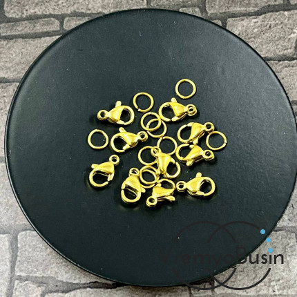 Карабин из нержавеющей стали, 9х5 мм, с колечком, цв. золото (1 шт.)