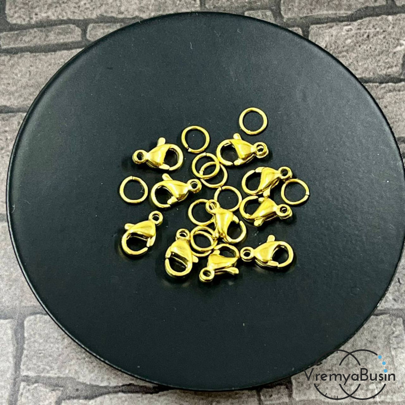 Карабин из нержавеющей стали, 9х5 мм, с колечком, цв. золото (1 шт.)