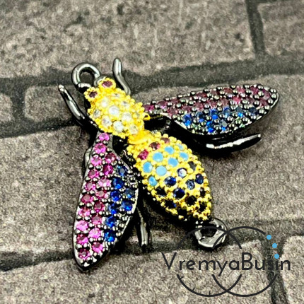 Коннектор с цветными фианитами "Насекомое", 14х20 мм, латунь с черным родиевым покрытием (1 шт.)