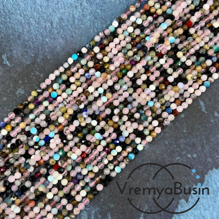 Каменный бисер, микс самоцветов, шарики граненые 3 мм (нить, ок. 40 см.)