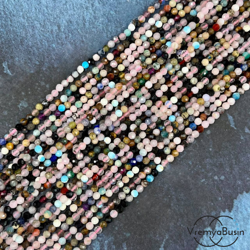 Каменный бисер, микс самоцветов, шарики граненые 3 мм (нить, ок. 40 см.)