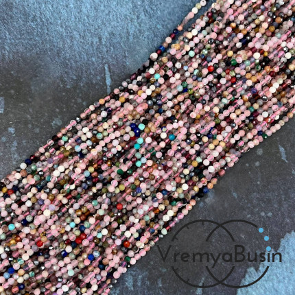 Каменный бисер, микс самоцветов, шарики граненые 2.5 мм (нить, ок. 40 см.)