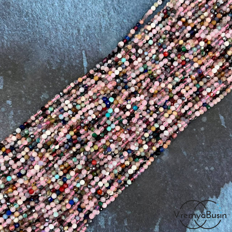 Каменный бисер, микс самоцветов, шарики граненые 2.5 мм (нить, ок. 40 см.)