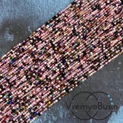 Каменный бисер, микс самоцветов, шарики граненые 2 мм (нить, ок. 40 см.)