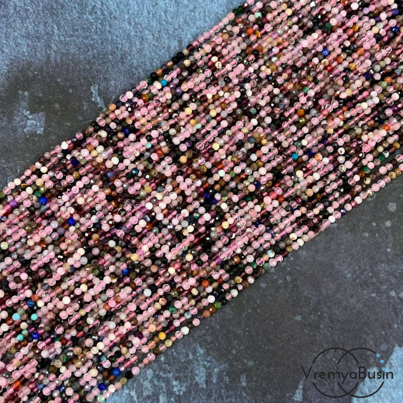 Каменный бисер, микс самоцветов, шарики граненые 2 мм (нить, ок. 40 см.)