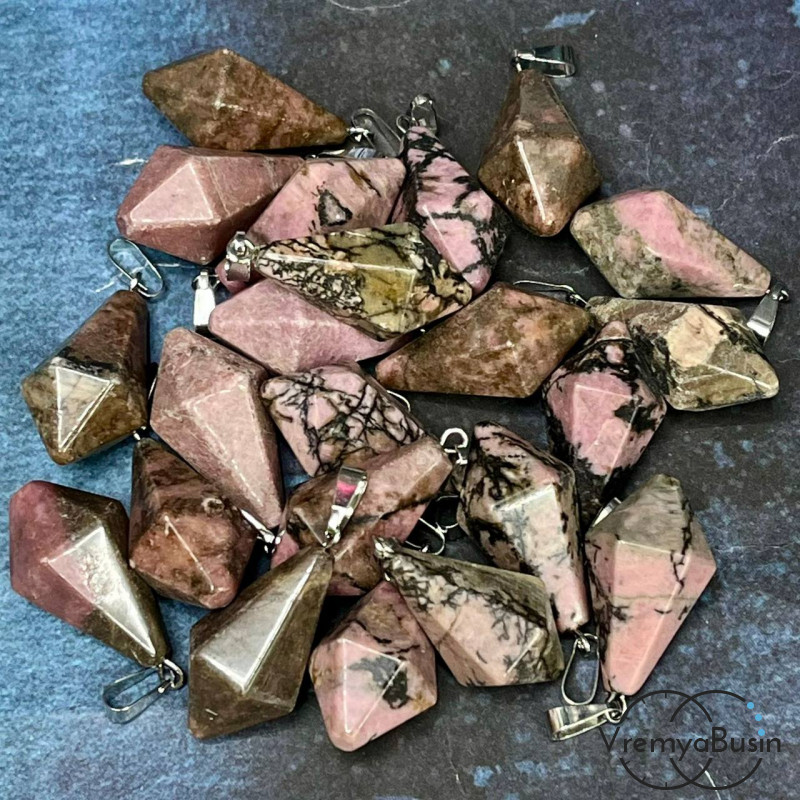 Родонит, кулон из камня "Кристалл", ок. 15х30 мм (1 шт.)