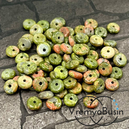 Унакит, бусины гладкие шайбы, 6х2 мм (упак. 10 шт.)