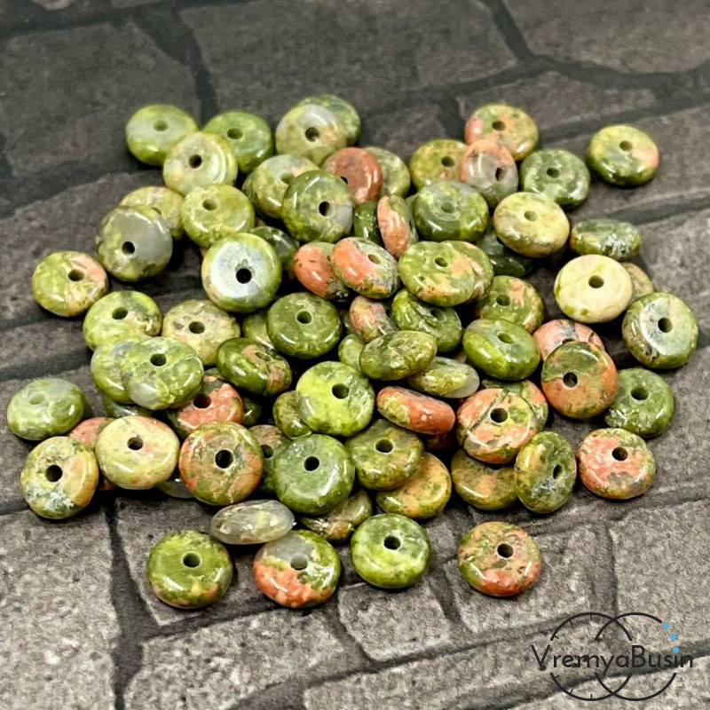 Унакит, бусины гладкие шайбы, 6х2 мм (упак. 10 шт.)