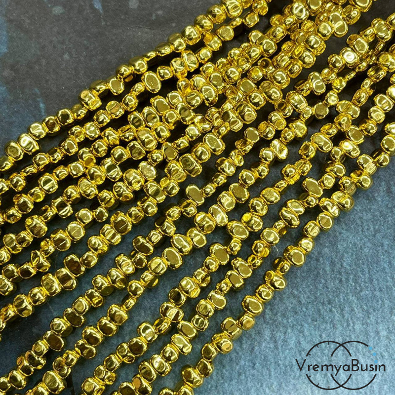 Гематит, галтовка  ок. 6х3 мм, цв.  яркое золото (нить, ок. 150 шт.)