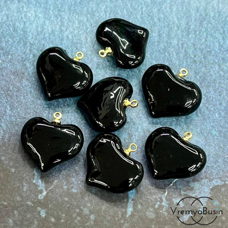Кулон из стекла "Сердце", 20 мм, цв. черный   (1 шт.)