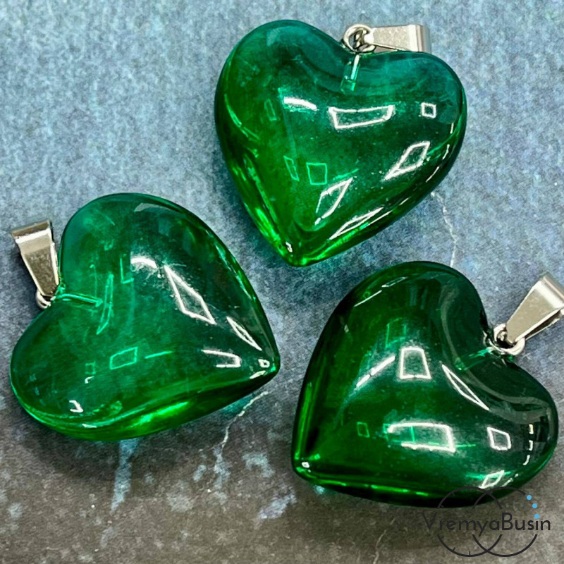 Кулон из стекла "Сердце", 25 мм, цв. изумрудный  (1 шт.)