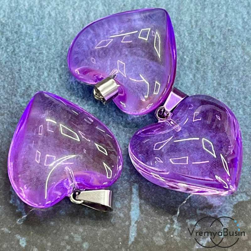 Кулон из стекла "Сердце", 25 мм, цв.  лиловый (1 шт.)