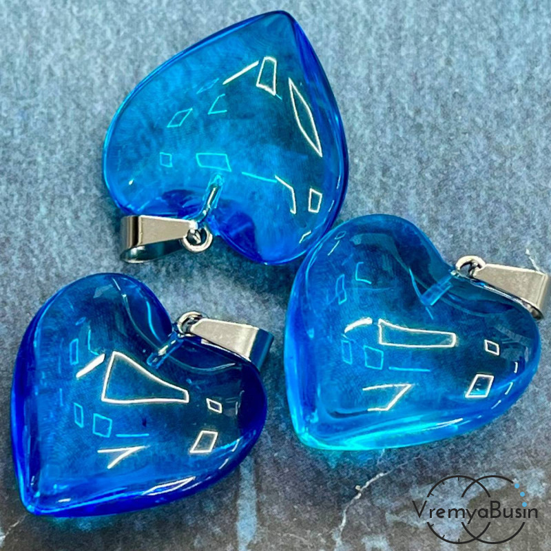 Кулон из стекла "Сердце", 25 мм, цв. бирюзовый  (1 шт.)