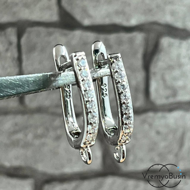 Швензы с английским замком. Латунь с родиевым покрытием и фианитами