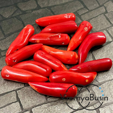 Коралл натур., бусины длинные перчики, ок. 30-40х8 мм, цв. красный (1  шт.)