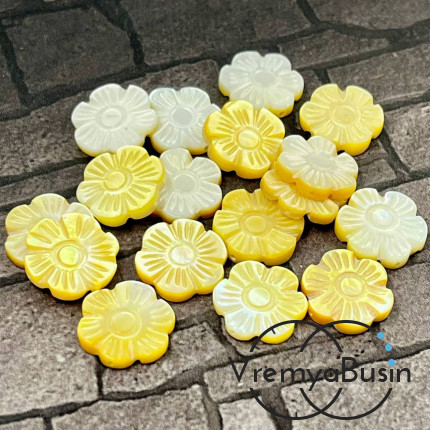 Перламутр натур., резные бусины-цветочки 2х12 мм, цв. БЕЛО-ЖЕЛТЫЙ  (1 шт.)