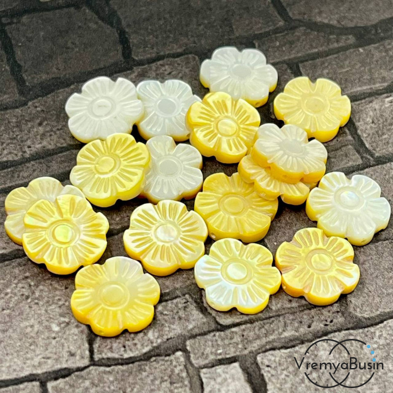 Перламутр натур., резные бусины-цветочки 2х12 мм, цв. БЕЛО-ЖЕЛТЫЙ  (1 шт.)