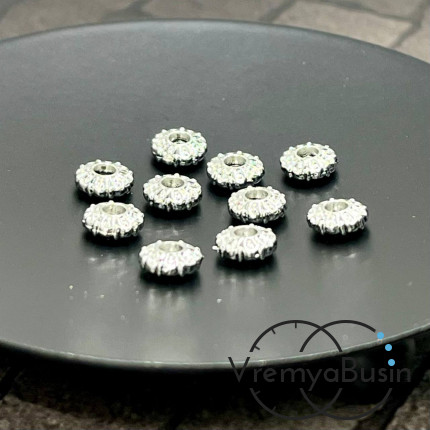 Бусины разделители, рондели с рисунком, 2х6 мм, латунь с родиевым покрытием (10 шт.)