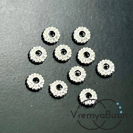 Бусины разделители, рондели с рисунком, 2х6 мм, латунь с родиевым покрытием (10 шт.)