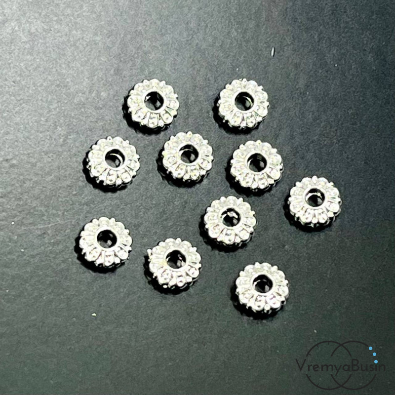 Бусины разделители, рондели с рисунком, 2х6 мм, латунь с родиевым покрытием (10 шт.)