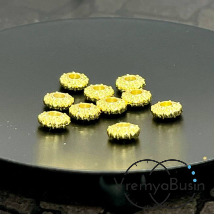 Бусины разделители, рондели с рисунком, 2х6 мм, латунь с позолотой (10 шт.)