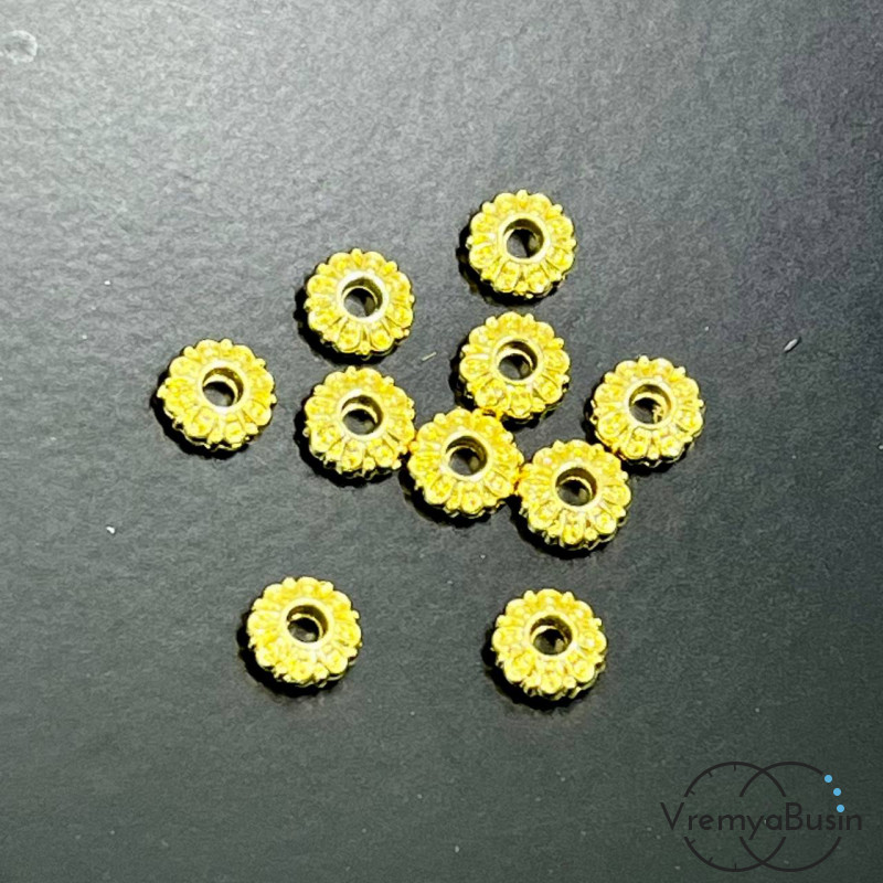 Бусины разделители, рондели с рисунком, 2х6 мм, латунь с позолотой (10 шт.)