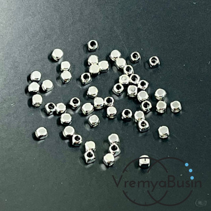 Бусины разделители, округлые кубики 2 мм, латунь с родиевым покрытием (10 шт.)