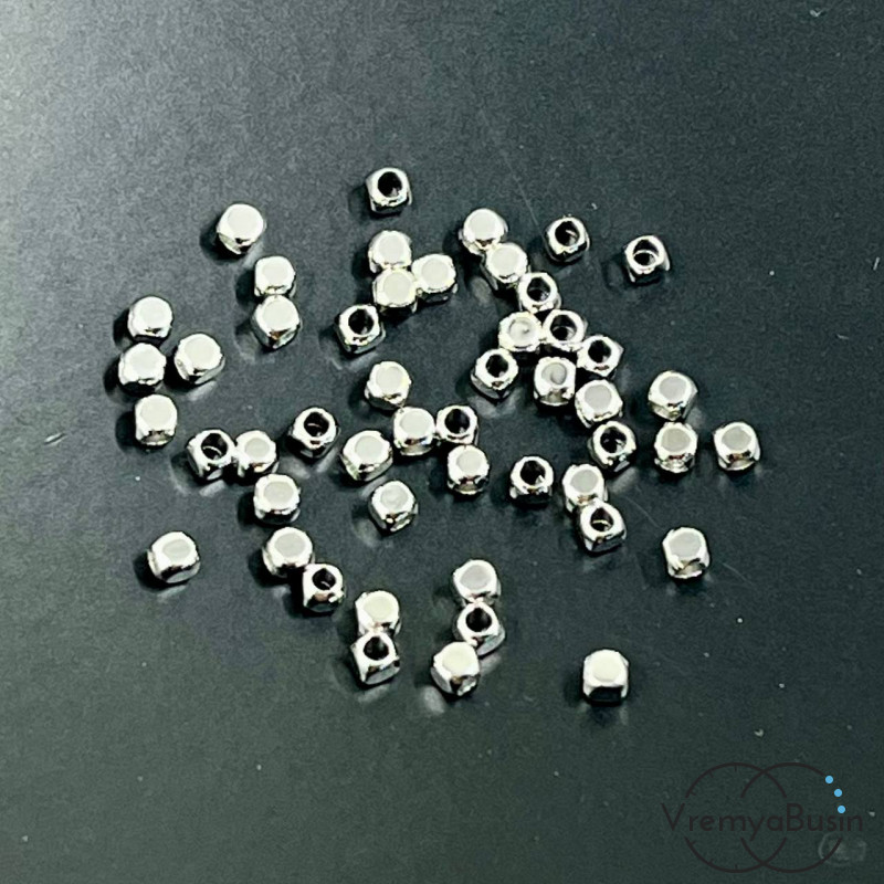 Бусины разделители, округлые кубики 2 мм, латунь с родиевым покрытием (10 шт.)