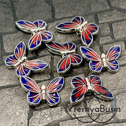 Бусина металлическая с эмалью "Бабочка", 20х13х5 мм, цв. красно-синий в серебре (1 шт.)