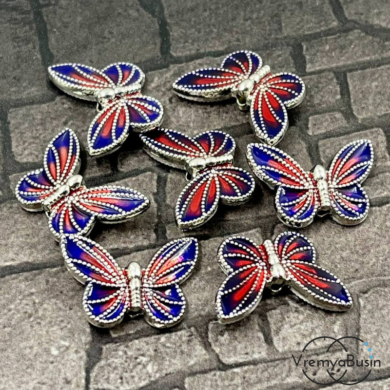 Бусина металлическая с эмалью "Бабочка", 20х13х5 мм, цв. красно-синий в серебре (1 шт.)