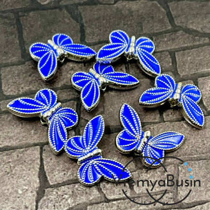 Бусина металлическая с эмалью "Бабочка", 20х13х5 мм, цв. синий в серебре (1 шт.)