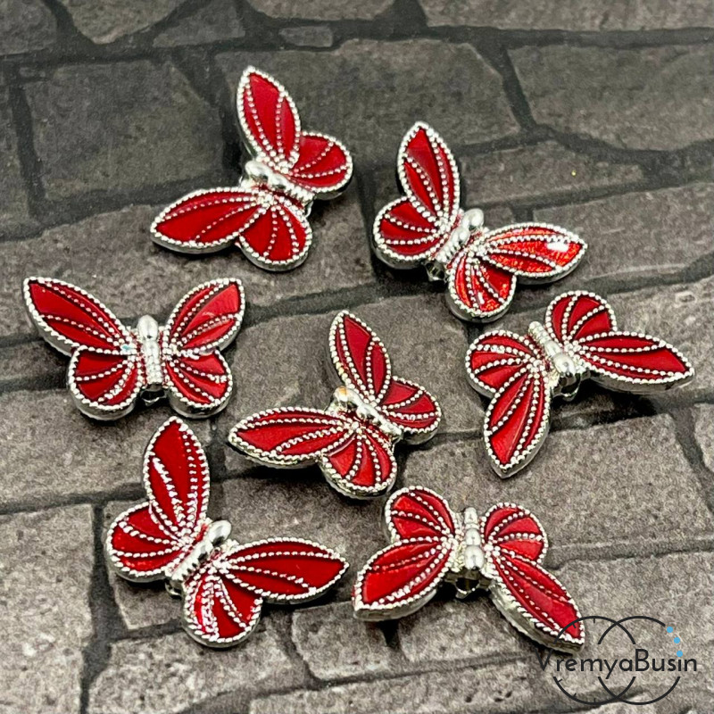Бусина металлическая с эмалью "Бабочка", 20х13х5 мм, цв. красный в серебре (1 шт.)