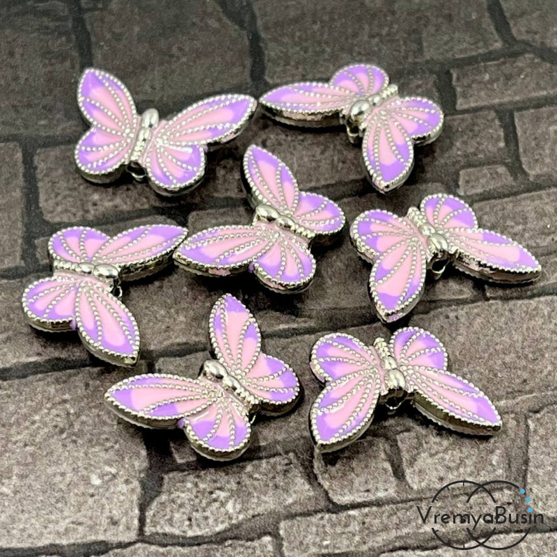 Бусина металлическая с эмалью "Бабочка", 20х13х5 мм, цв. сиреневый в серебре (1 шт.)