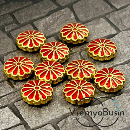 Бусина металлическая с эмалью "Цветок", 12х4 мм, цв.  красный    (1 шт.)