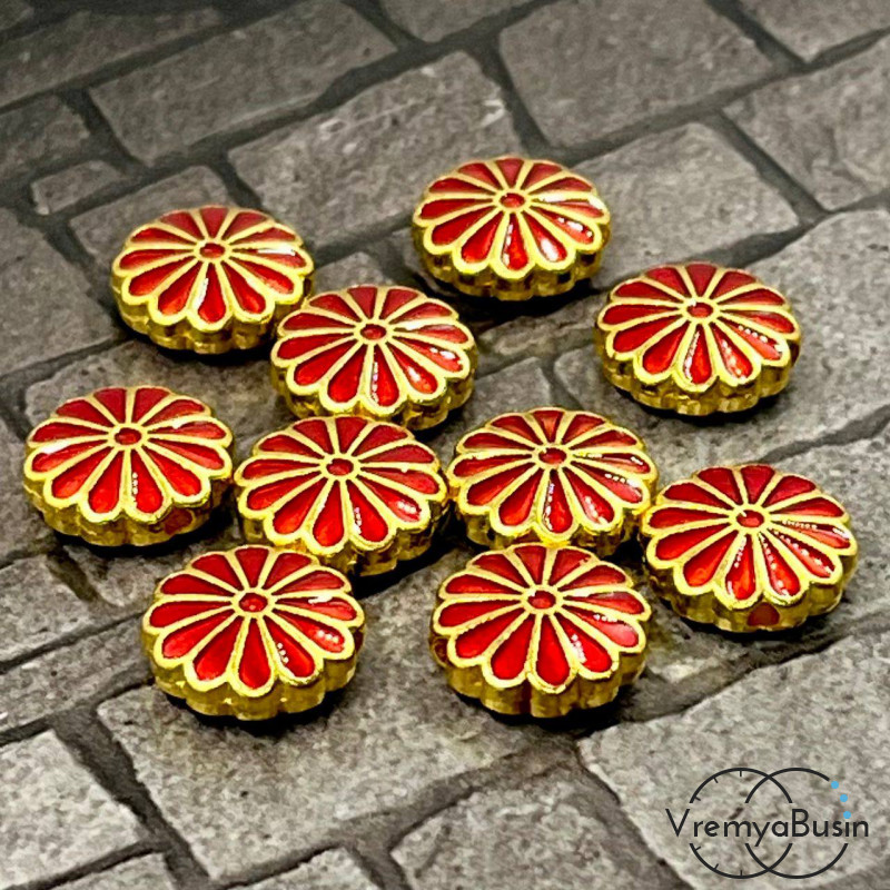 Бусина металлическая с эмалью "Цветок", 12х4 мм, цв.  красный    (1 шт.)