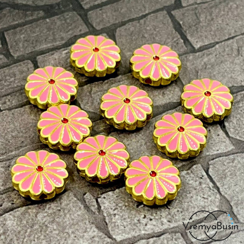 Бусина металлическая с эмалью "Цветок", 12х4 мм, цв. розовый     (1 шт.)