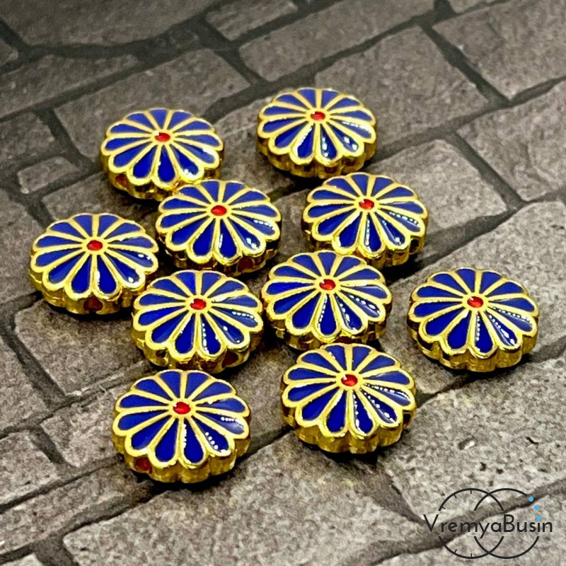 Бусина металлическая с эмалью "Цветок", 12х4 мм, цв.   синий   (1 шт.)