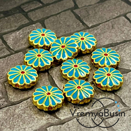 Бусина металлическая с эмалью "Цветок", 12х4 мм, цв.     бирюзовый (1 шт.)