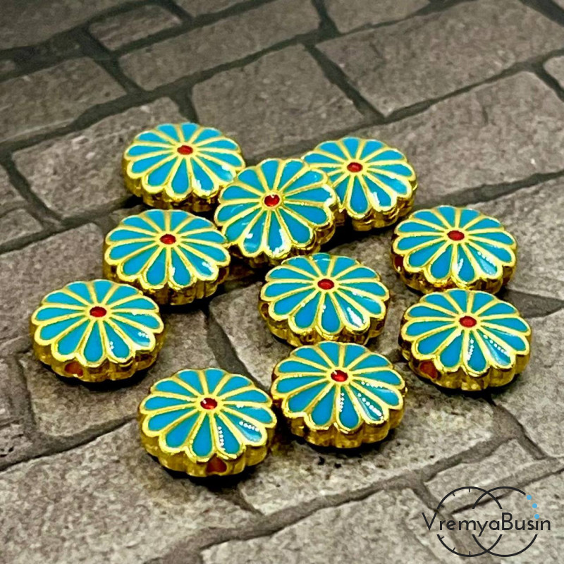 Бусина металлическая с эмалью "Цветок", 12х4 мм, цв.     бирюзовый (1 шт.)